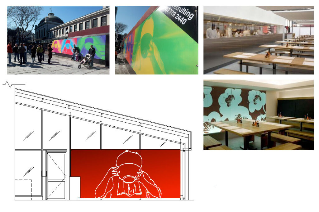 Restaurant branding Environmental graphic design Wagamama US debut AgencyBEL branding project Japanese-inspired decor Cherry blossom light wall Graphic printed shades Faneuil Hall restaurant Gensler collaboration Cultural brand adaptation