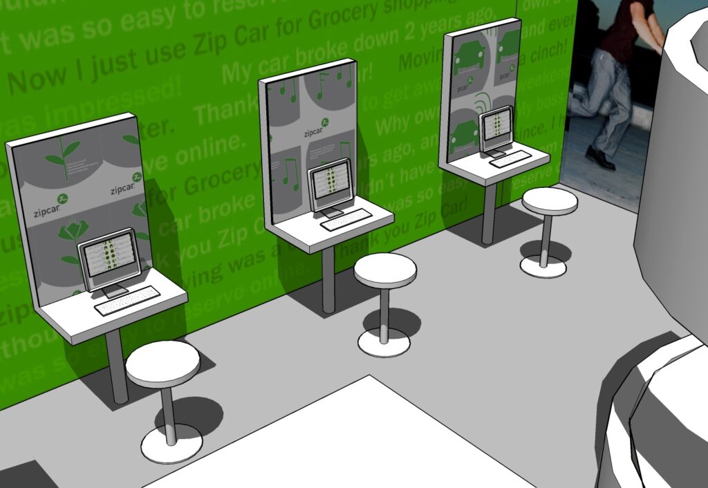 Zipcar community hub Wacker Drive storefront AgencyBEL branding project Environmental graphic design Community engagement Urban mobility education Sustainable transportation Themed community nights Interactive kiosk design Vibrant public space
