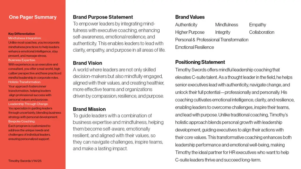 "Working with Laura at Brandworth was a game-changer for my brand. She helped me define my unique positioning; and connect with my ideal audience. Laura’s insights gave me the clarity and confidence to move forward with a strong, authentic brand. Highly recommend her services!" — Timothy Swords, Mindful Leadership Coach
